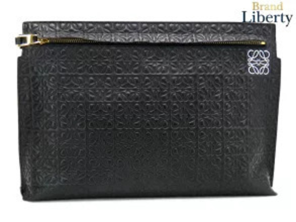 Loewe T Pouch Clutch Repeat Anagram Flat Shoulder Bag Black Calf Leather